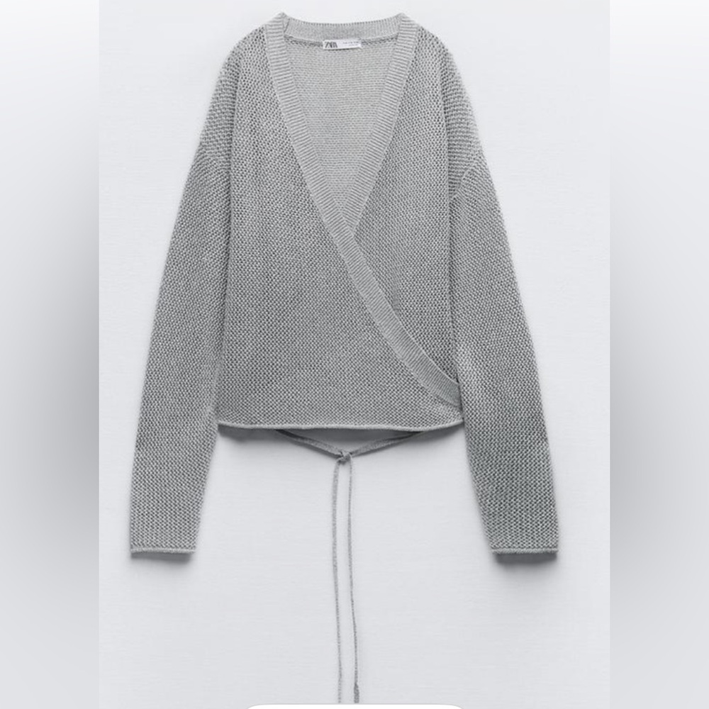 Zara Metallic Thread Silver V-Neck Wrap Around Cardigan Sweater NWT 21-24” p2p